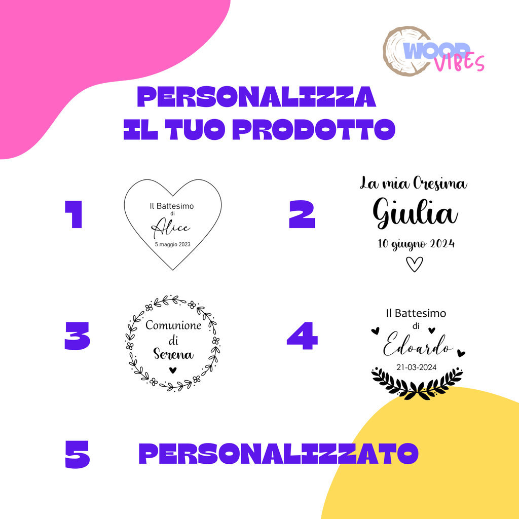 Tag in legno per battesimo, comunione e cresima